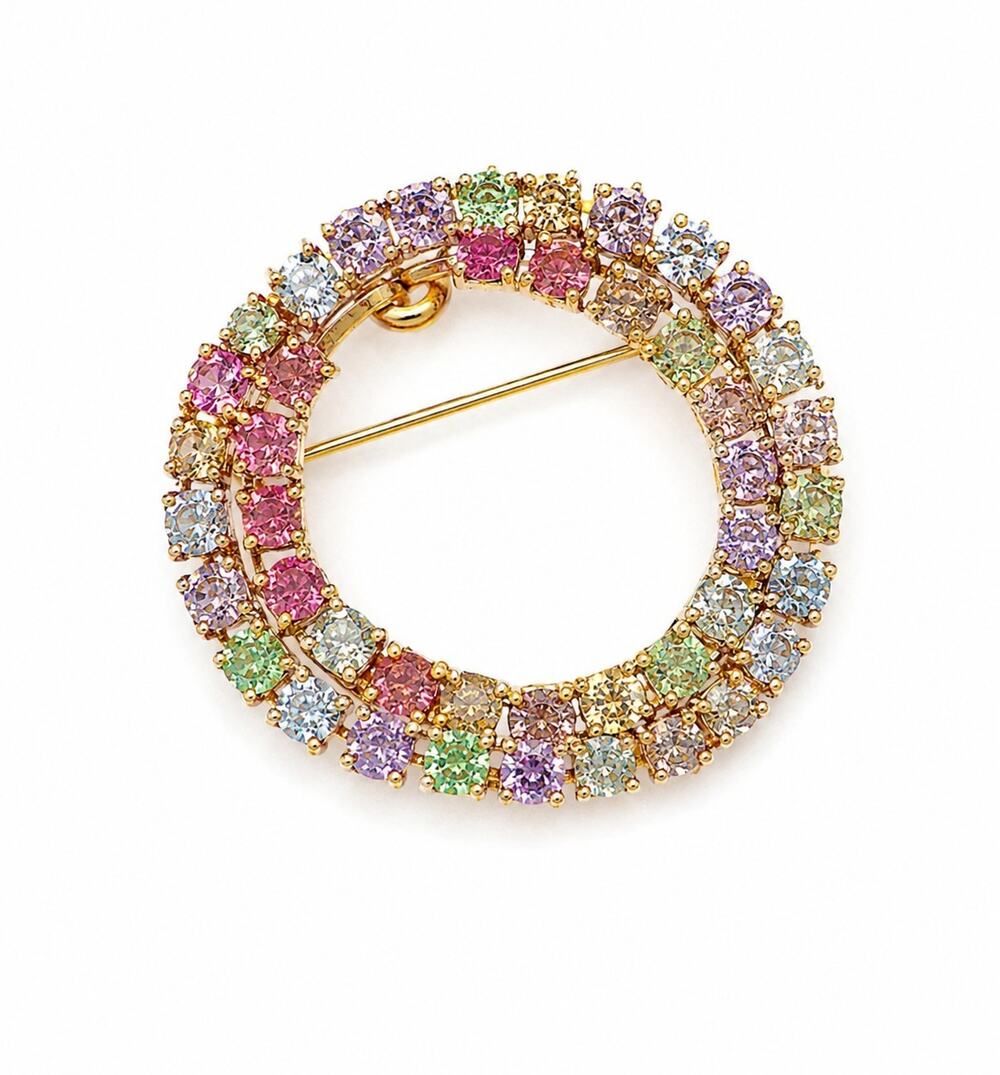 Vtg Infinity Brooch Pastel Rhinestone Double Circles Gold Tone Estate Retro